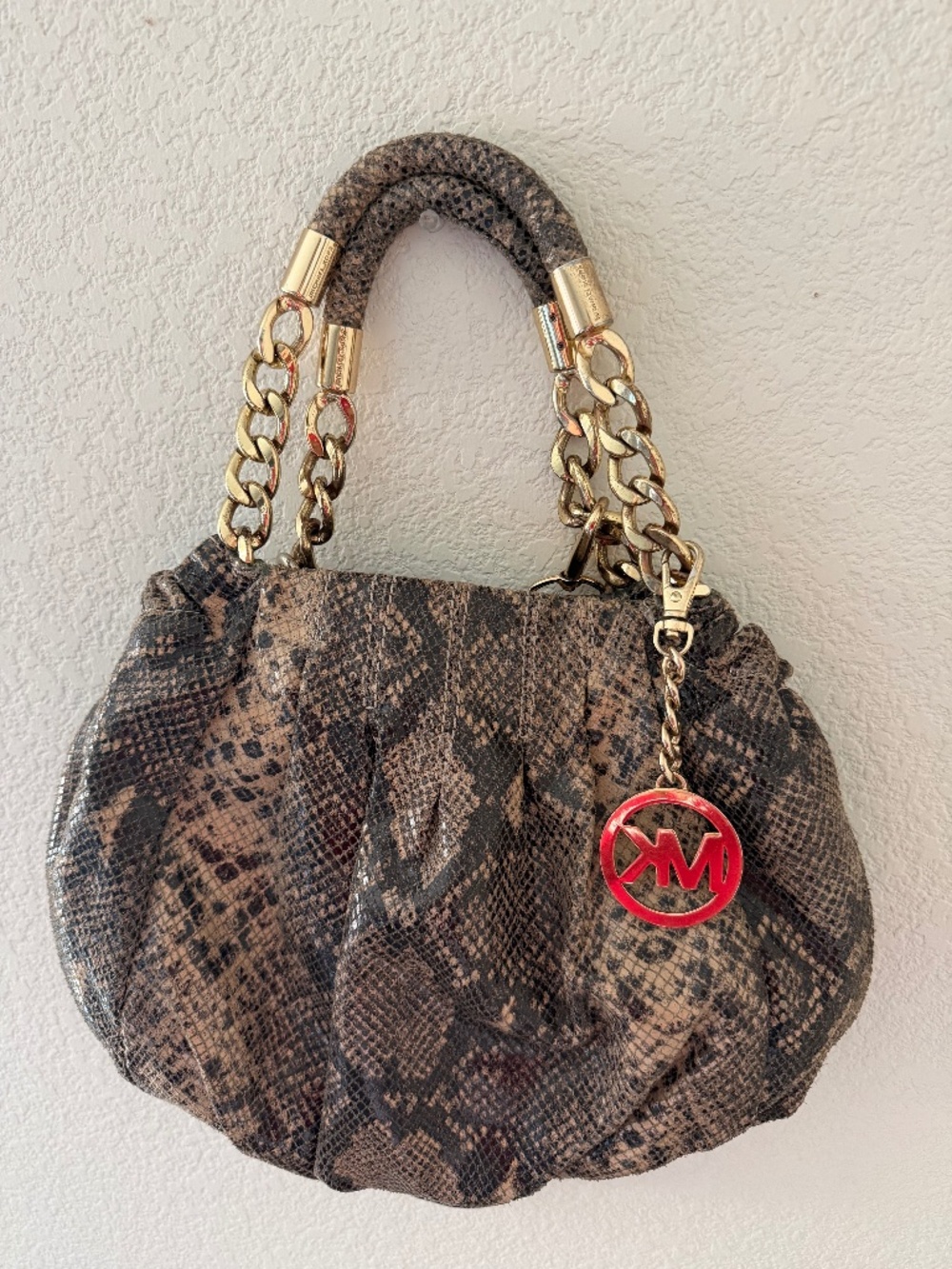 Michael Kors Brown Snakeskin Embossed Leather Hobo Bag with Gold Chain